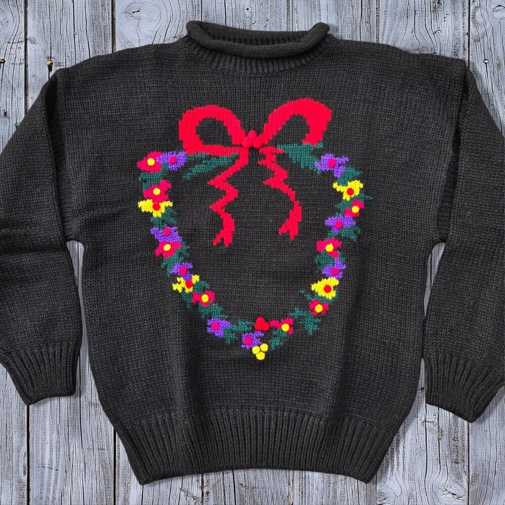 Vintage 80s Eaton Christmas Wreath Sweater Womens Size 1X Black Red Bow Pullover